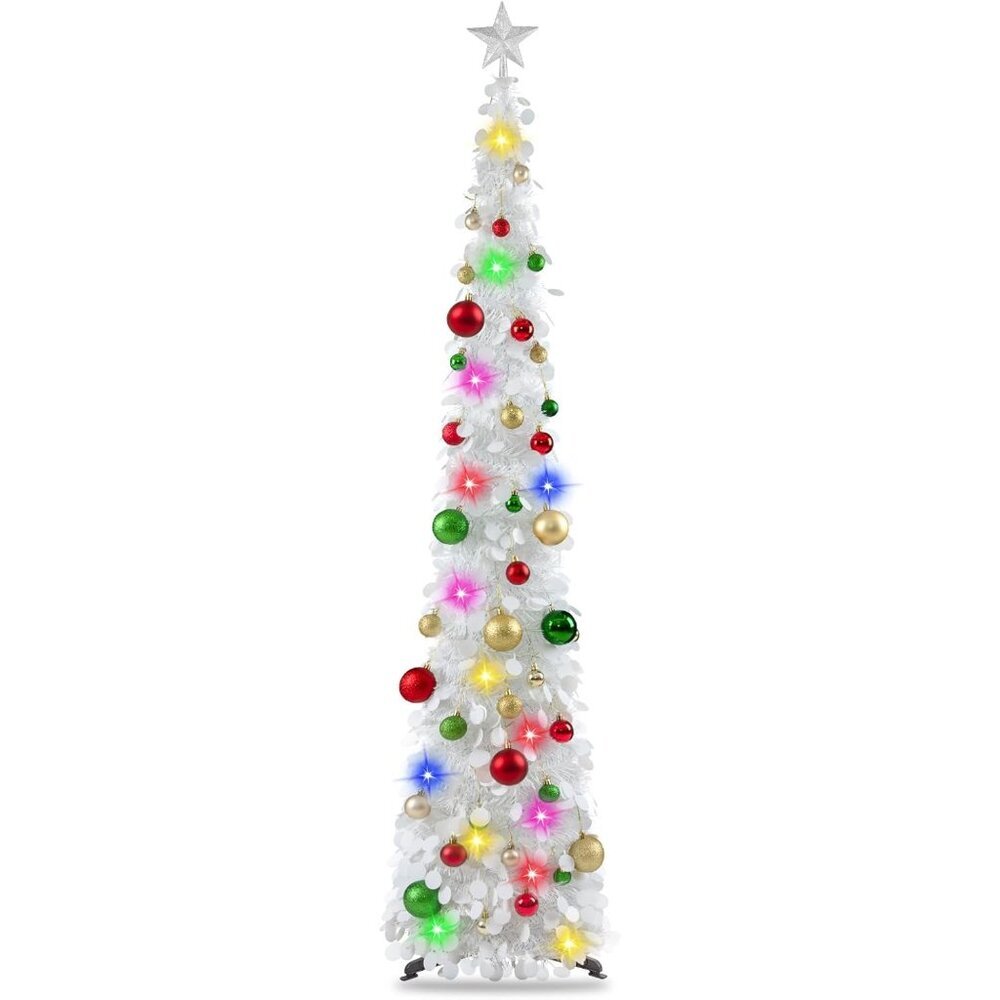Collapsible Tinsel Christmas Tree with Colored Lights – Space-Saving 6ft Decor